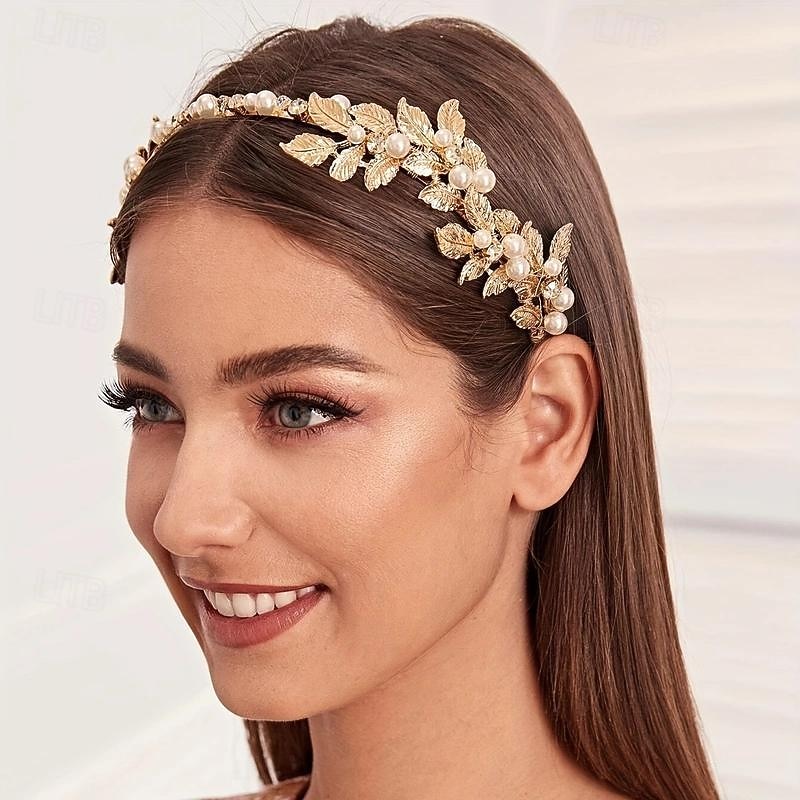 1pcs Faux Pearl Leaf Decor Headband Golden Baroque Hair Hoop Elegant Headband Wedding Party Hair Accessories For Women