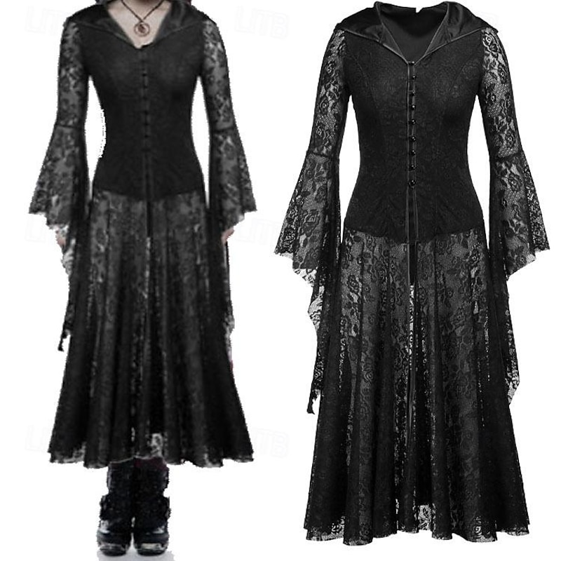 Retro Vintage Punk & Gothic Medieval Dress Masquerade Goth Girl Lace Solid Colored Fancy Dress Women's Fantasy Halloween Carnival Masquerade Party / Evening Festival Adults' Dress