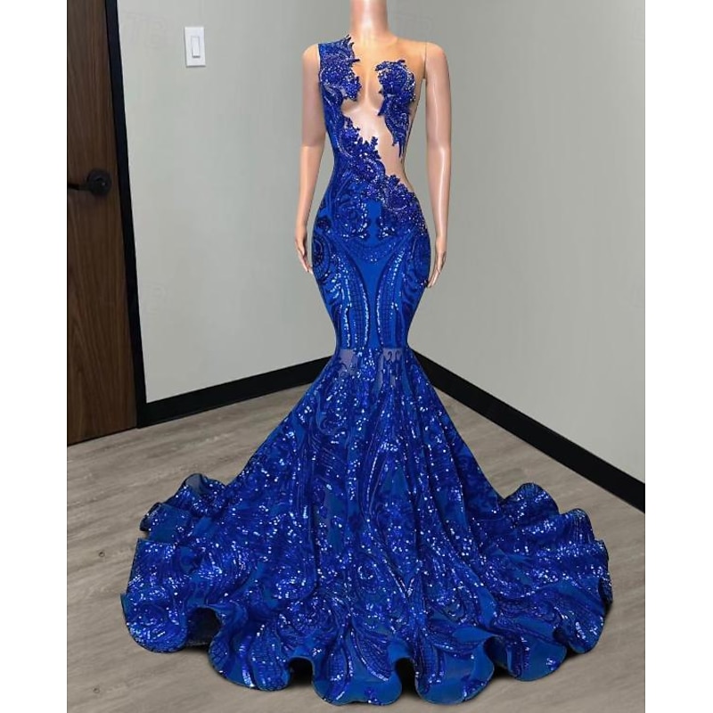 Mermaid Sequin Prom Dresses Elegant Dress Engagement Prom Court Train Sleeveless Jewel Neck African American with Appliques Masquerade Dress