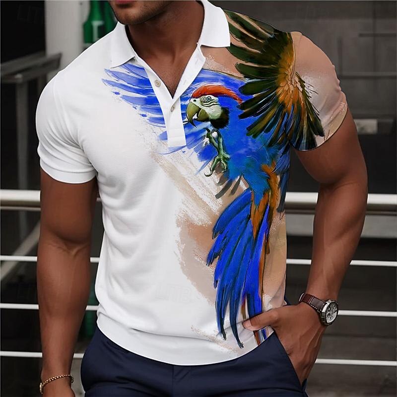 Men's Parrot Hawaiian Polo Shirts Golf Shirt Short Sleeve Polo Shirts Collared Shirts Casual Funny Beach Wear Vacation Wear Party Outfits Buttons 3D Print Summer Yellow Blue Green3