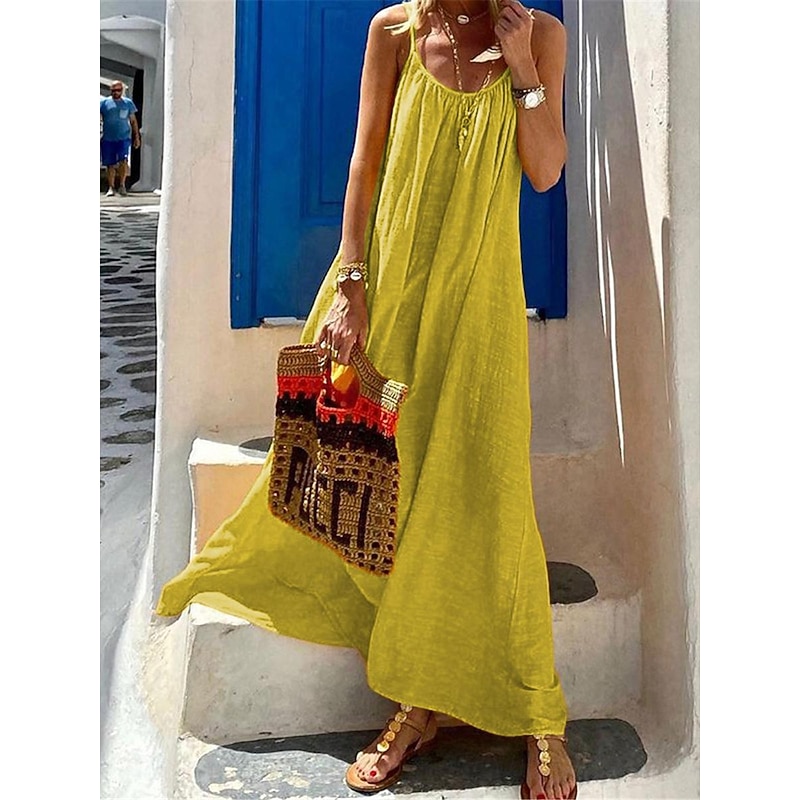 Women's Yellow Red Blue Summer Spring Maxi long Dress Cotton Linen Dresses Casual Dress Strap Dress Basic Modern Vacation Daily Weekend Loose Fit Plain U Neck