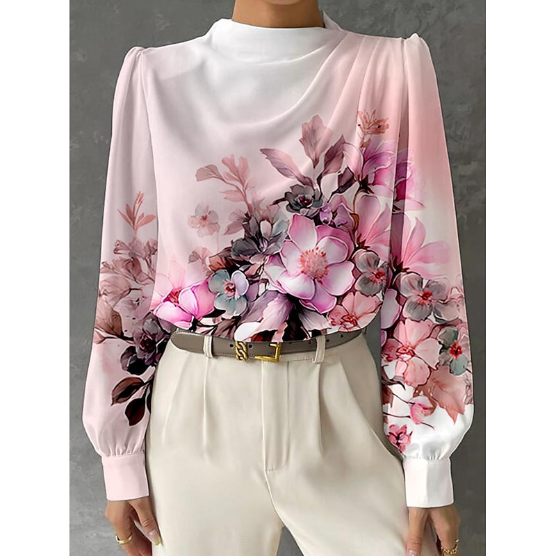 Women's Blouse Long Sleeve Fashion Floral Print Regular Tops Crew Neck Work White Pink Blue Green Spring &  Fall2