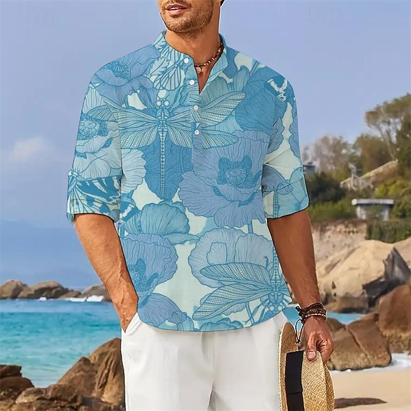 Men's Floral Tropical Flowers Shirt Summer Hawaiian Shirt Aloha Shirt Long Sleeve Shirt Stand Collar Hawaiian Resort Vacation Daily Wear Going out Pink Blue Orange S M L4