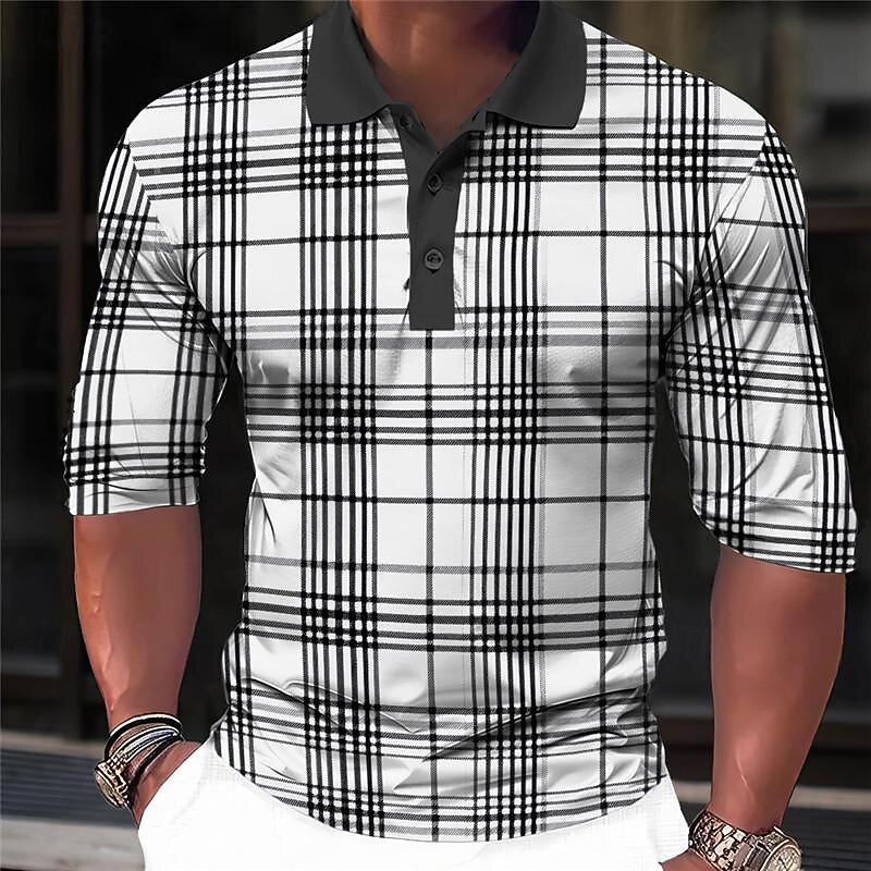 Men's Plaid Zip Polo Shirts Golf Shirt Long Sleeve Polo Shirts Collared Shirts Casual Vacation Wear Formal Wear Festival Wear 3D Print Quarter Zip Polo Spring & Summer White Green Khaki