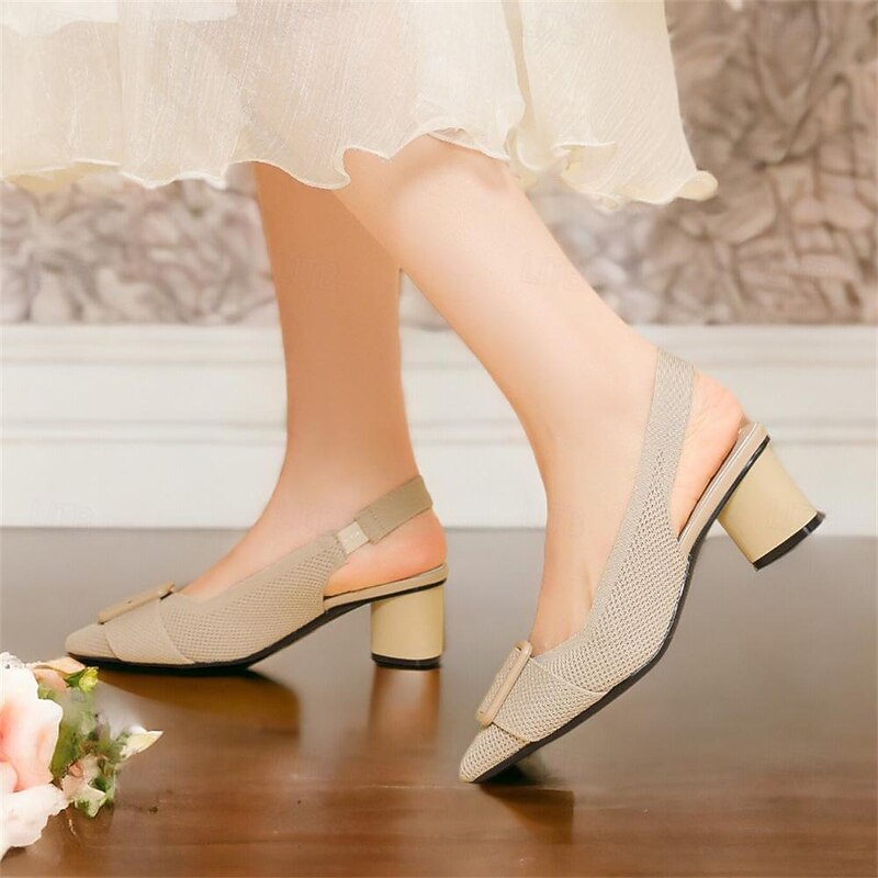 Women's Heels Plus Size Flyknit Shoes Wedding Outdoor Office Striped Buckle Block Heel Pointed Toe Fashion Classic Comfort Walking Knit Loafer Almond Black Yellow2