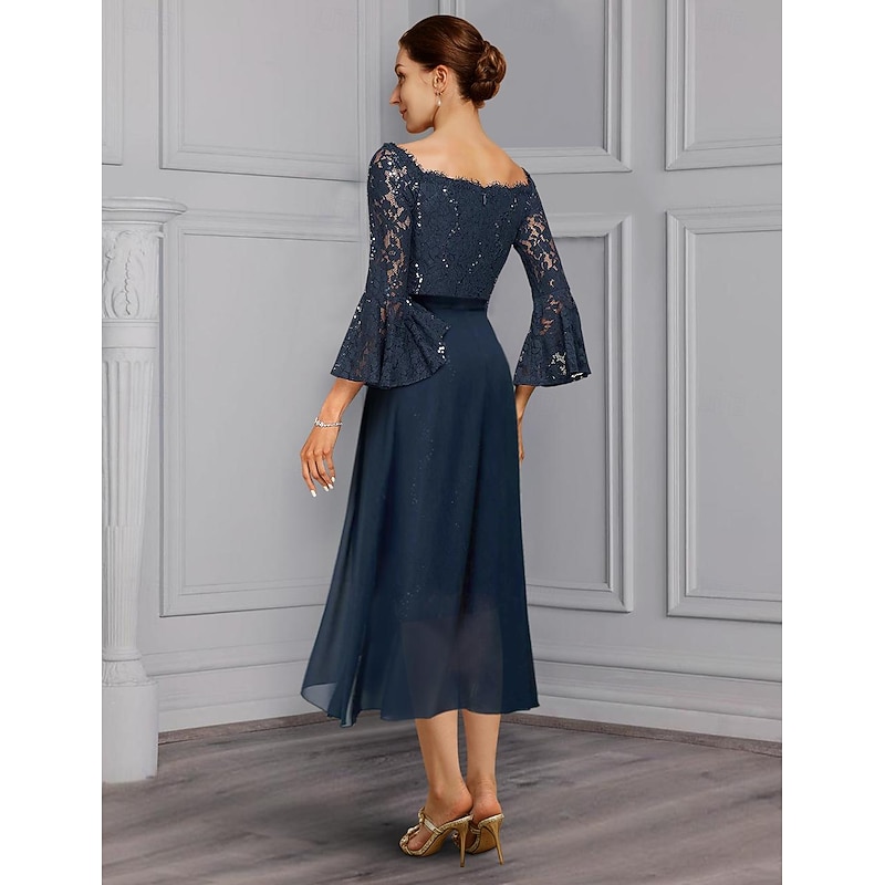 Two Piece Sheath Mother of the Bride Dress Formal Wedding Guest Elegant Party Off Shoulder Knee Length Chiffon Lace Imitated Silk 3/4 Length Sleeve with Bow(s)3