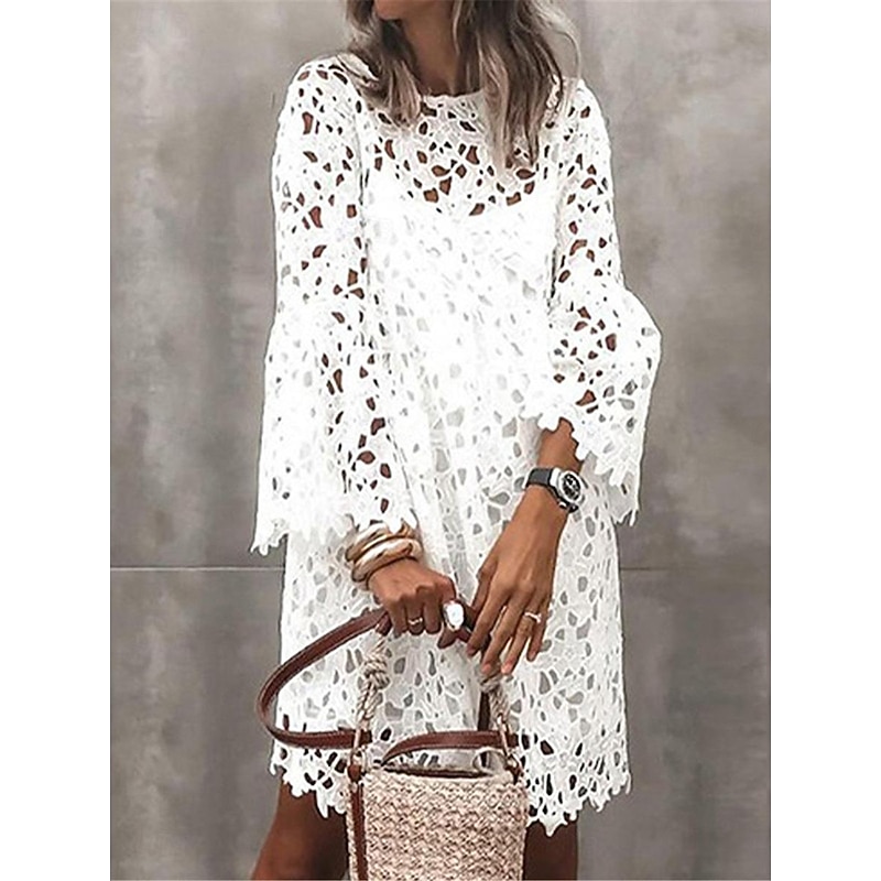 Women's Mini Dress White Dress White Lace Wedding Dress Boho Dress Fashion Outdoor Regular Fit Plain 3/4 Length Sleeve Crew Neck Black White Summer3