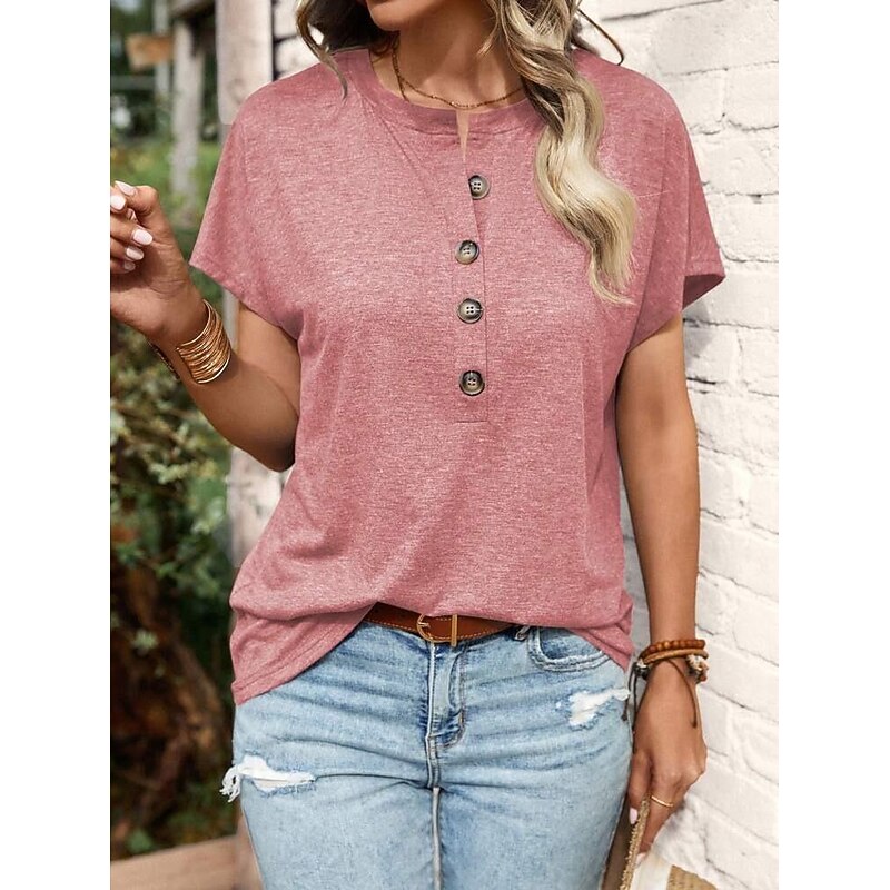 Women's T Shirt Plain Fashion Short Sleeve Round Neck Regular Tops Daily Weekend Buttons Black Pink Blue Brown Green Summer2