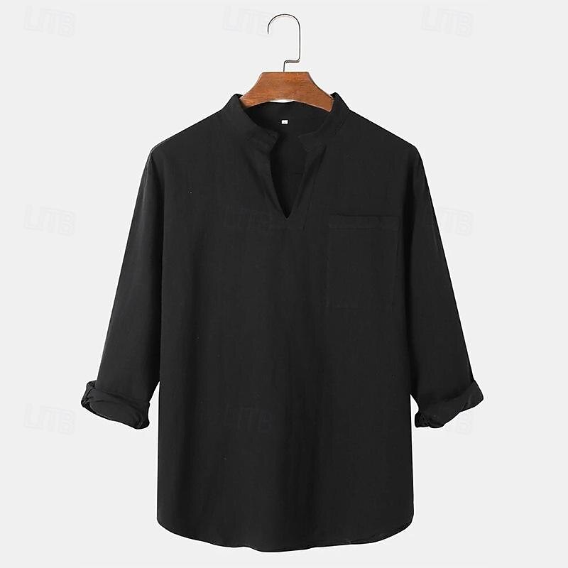 Men's Shirt Linen Shirt Casual Shirt Cotton Shirt Plain Vacation Hawaiian Black White Brown Long Sleeve V Neck Spring & Summer Clothing Apparel Front Pocket2