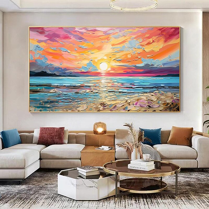 Oil painting Hand painted Impressionist Seaside Sunset Oil Painting On Canvas Modern Seascape Painting Abstract Colorful landscape painting Wall Art painting for Living room Home Decor2