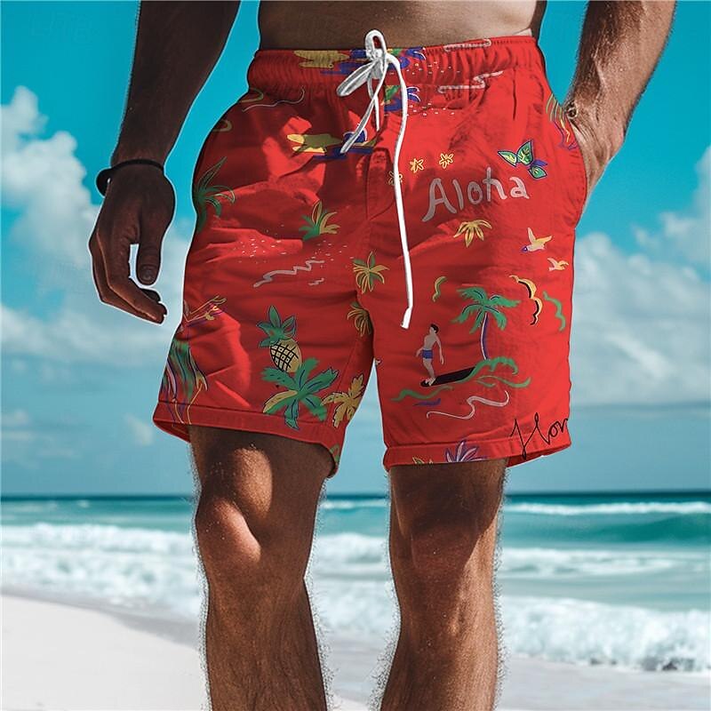 Men's Pineapple Coconut Tree Swim Trunks Swim Shorts Board Shorts Mid Waist Vacation Hawaiian Holiday Vacation Holiday Beach Drawstring with Mesh lining Elastic Waist Designer Clothing Apparel