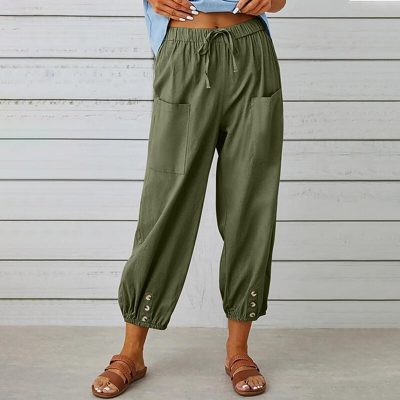 Women's Jogger Pants Olive Green Casual Drawstring Elastic Ankle Button Detail Pockets Light Breathable Spring Autumn Leisure Comfort Multiple Sizes