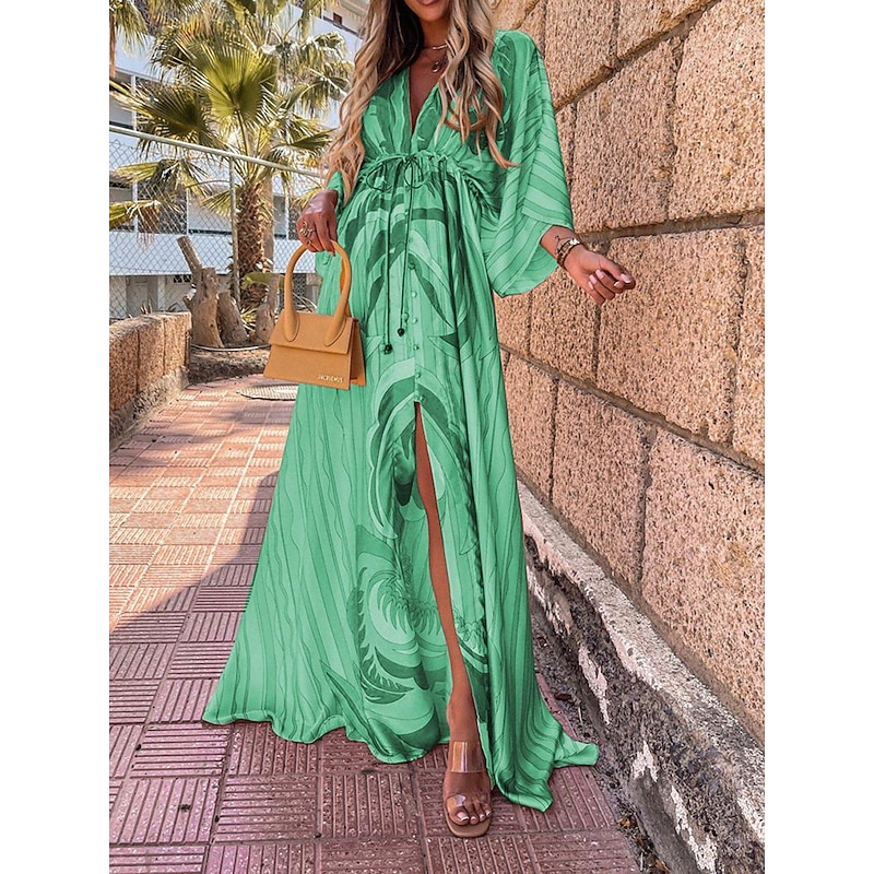 Women's Casual Dress Geometric Color Block Drawstring Split V Neck Long Dress Maxi Dress Bohemia Vacation Summer4