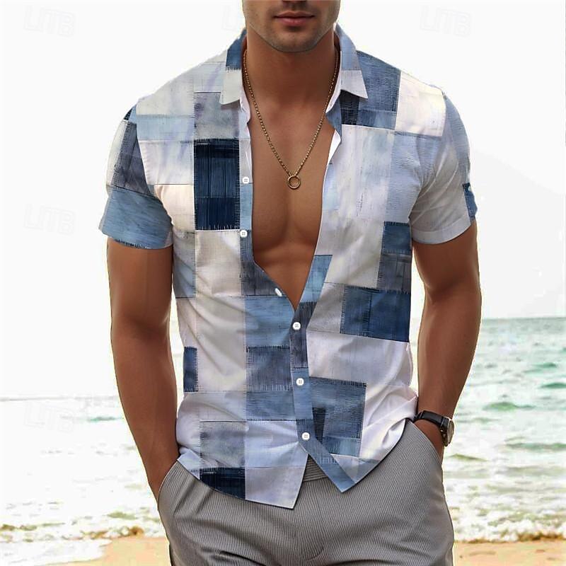Men's Plaid / Check Geometric Pattern Shirt Button Up Shirt Short Sleeve Vacation Hawaiian Outdoor Holiday Summer All Seasons Turndown Buttons Print Blue Brown Green Gray