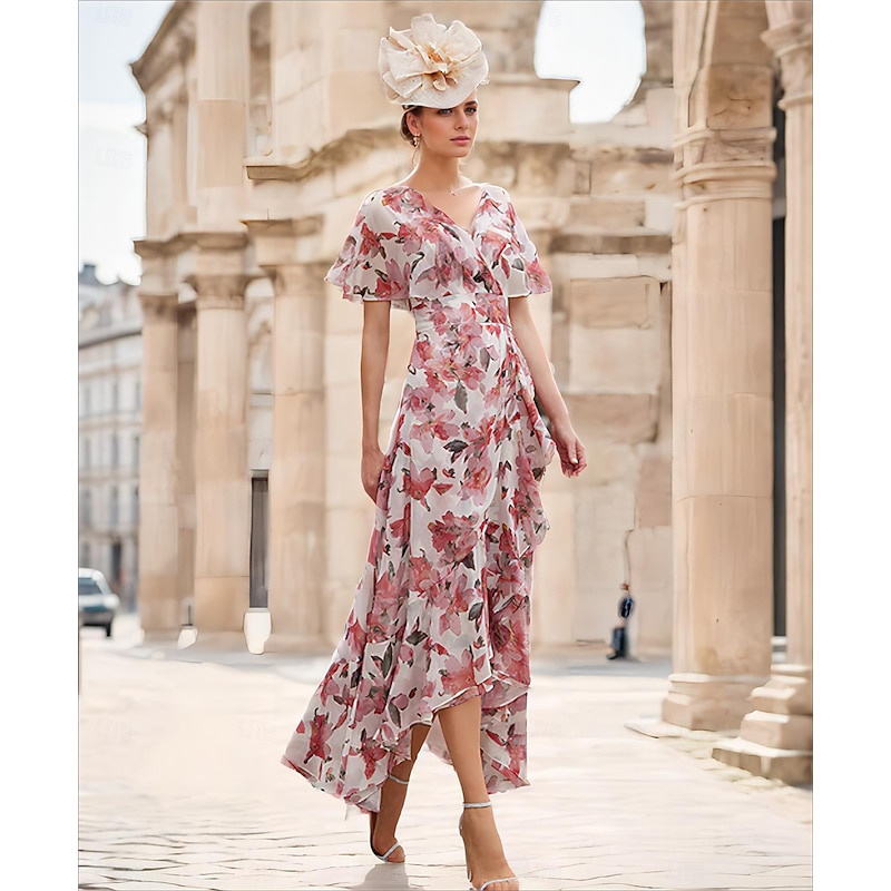 A-Line Mother of the Bride Dress Formal Wedding Guest Elegant Casual High Low V Neck Asymmetrical Ankle Length Chiffon Short Sleeve with Cascading Ruffles Wedding Guest Dress