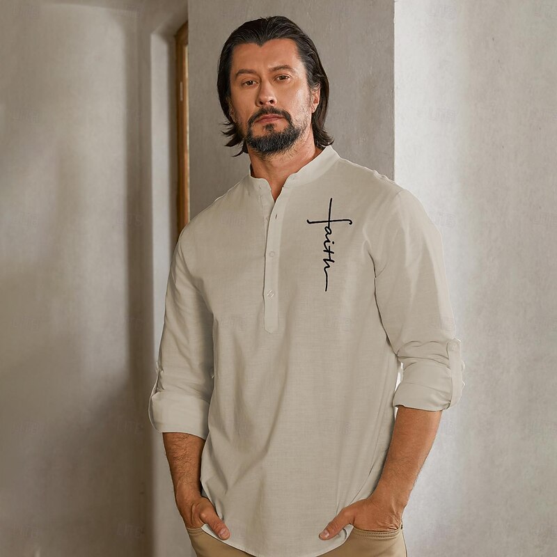 Men's 55% Linen Shirt Embroidery Linen Shirt Khaki Long Sleeve Cross Stand Collar Summer Spring Outdoor Street Clothing Apparel