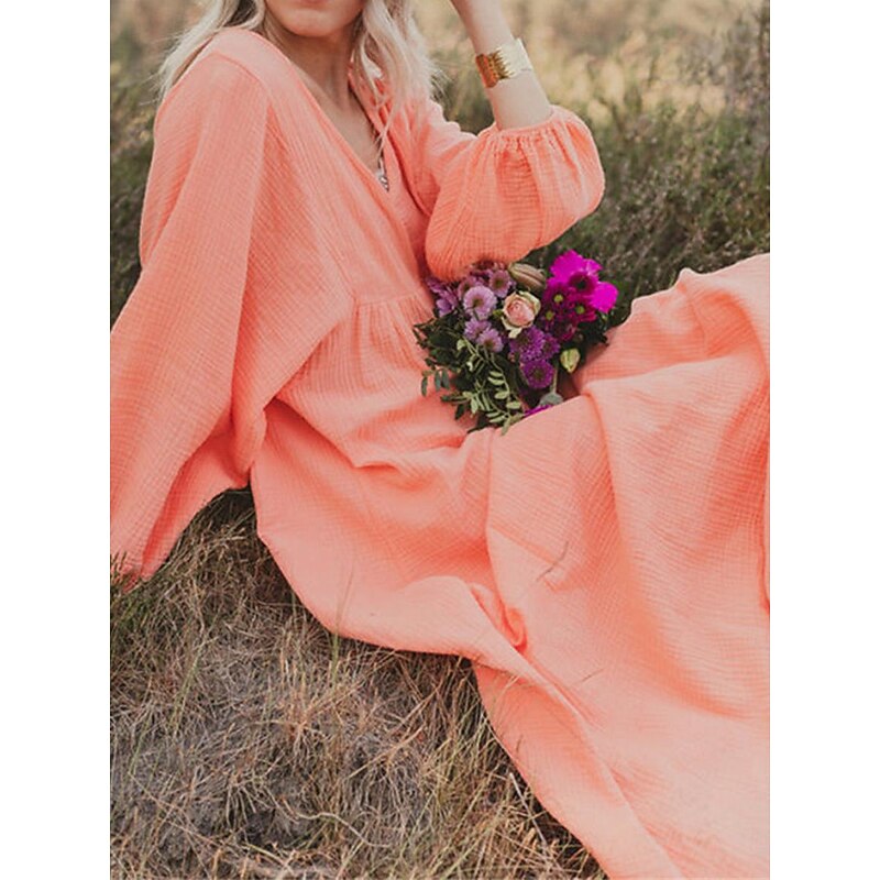 Women's Pink Orange Rose Red Summer Spring Maxi Dress Linen-Inspired Dresses Casual Dress Basic Modern Daily Weekend Loose Fit Plain V Neck2