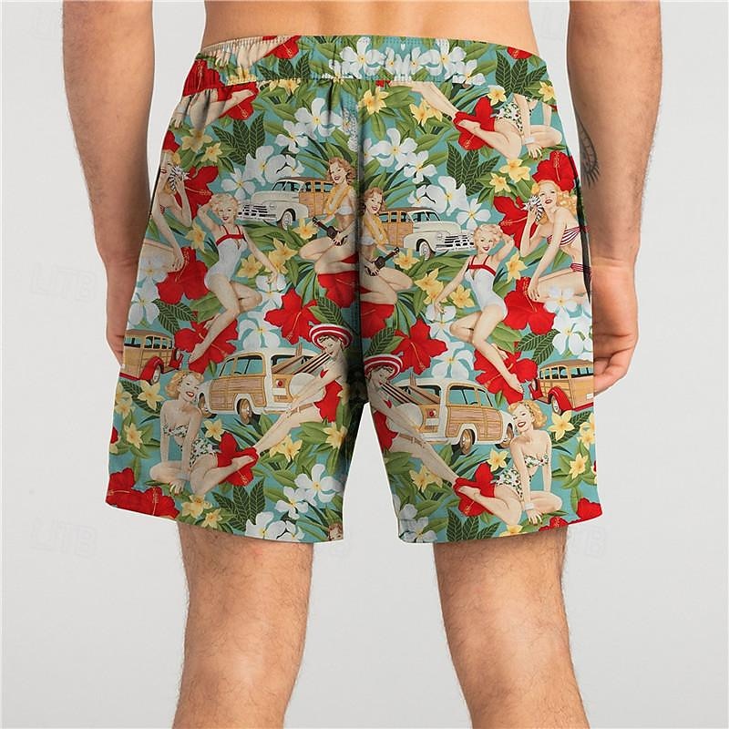 Men's Oil Painting Flower / Floral Swim Trunks Swim Shorts Board Shorts Mid Waist Vacation Hawaiian Retro Vintage Vacation Holiday Beach Drawstring with Mesh lining Elastic Waist Designer Clothing2