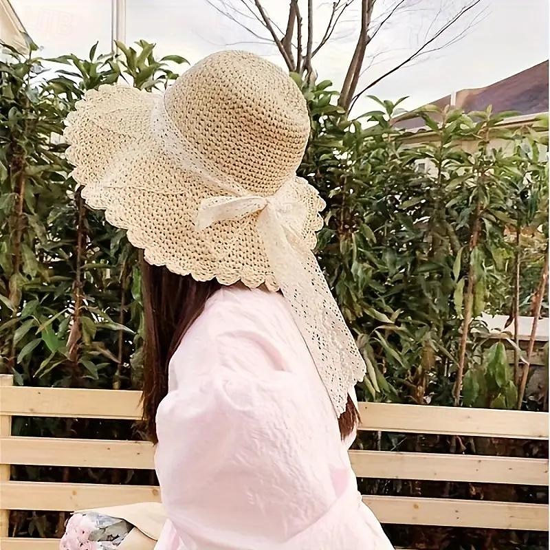 1 pcs Summer Handmade Crochet Lace Straw Hat For Women With Wide Brim Foldable Beach Hat2