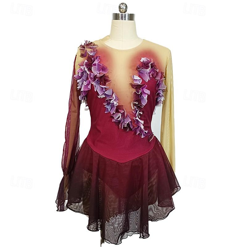 Figure Skating Dress Women's Girls' Ice Skating Dress Burgundy Patchwork Thumbhole Mesh Spandex Stretchy Training Practice Professional Skating Wear Crystal / Rhinestone Long Sleeve Ice Skating