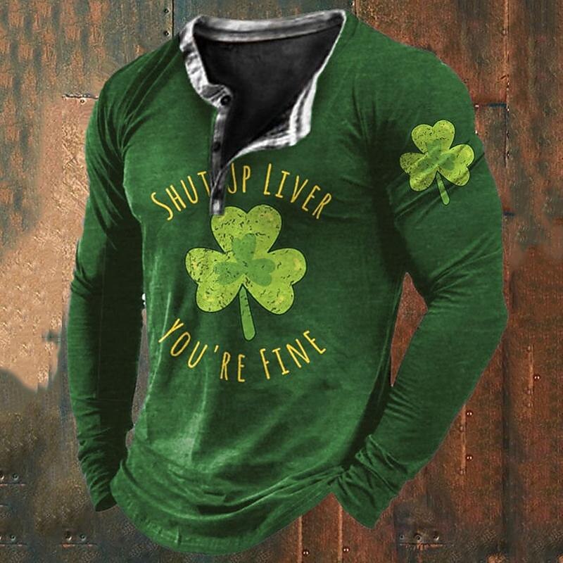 Men's St. Patrick Shamrock Henley Shirt T shirt Tee Tee Top Long Sleeve 3D Print Fashion Designer Basic Vacation St.Patrick's Day Street Spring &  Fall Black Green Army Green Henley Henley T-Shirt