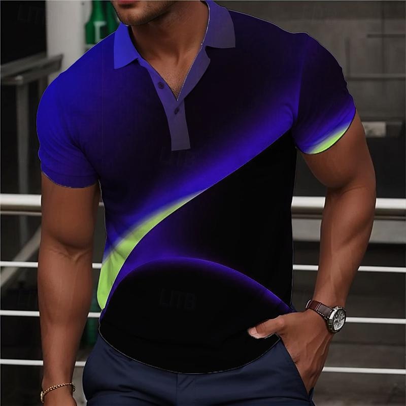 Men's Geometric Polo Shirts Golf Shirt Short Sleeve Polo Shirts Collared Shirts Business Casual Vacation Wear Formal Wear Festival Wear Buttons 3D Print Summer Blue Purple Green3