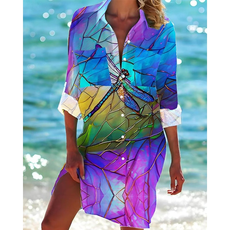 Women's Mini Dress Shirt Dress Hawaiian Shirts  Flowy  Fashion Buttons Print Long Sleeve Long  Shirt Collar Casual Holiday Beach White Blue Purple Summer Holiday Clothes Beach Wear