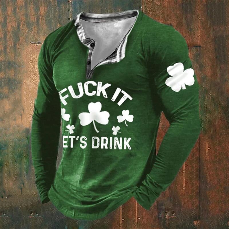 St Patrick St Paddys Shamrock Men's Fashion Casual 3D Print T Shirt Tee Henley Shirt Holiday Going out St. Patrick T shirt Green Long Sleeve Henley Shirt Spring & Fall Clothing Apparel3