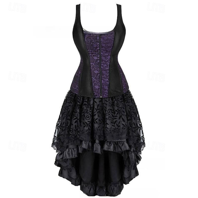Retro Vintage Rococo Punk & Gothic Short / Mini Dress Overbust Corset Bustier Witch Jacquard Lace Off Shoulder Fancy Dress Women's Fantasy Steampunk Walpurgis Night Halloween Carnival Masquerade