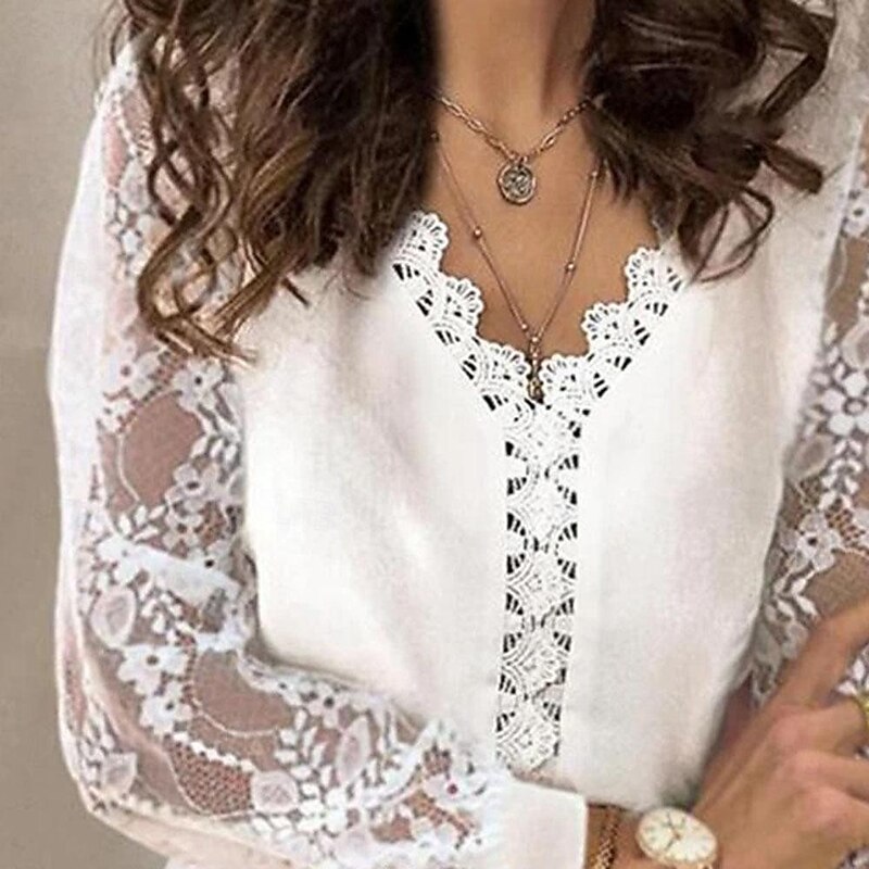 Shirt Lace Shirt Blouse Mesh Patchwork Top Women's White Solid Color Lace Street Daily Fashion V Neck S3