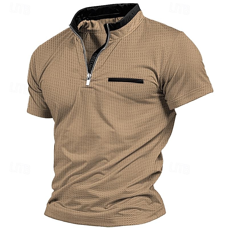 Men's T Shirt Waffle Knit Tee Quarter Zip Tee Tee Top Short Sleeves Quarter Zip Summer Patchwork Fashion Designer Basic Vacation Street Going out Navy Blue Khaki Light Grey Top Tee for Men4