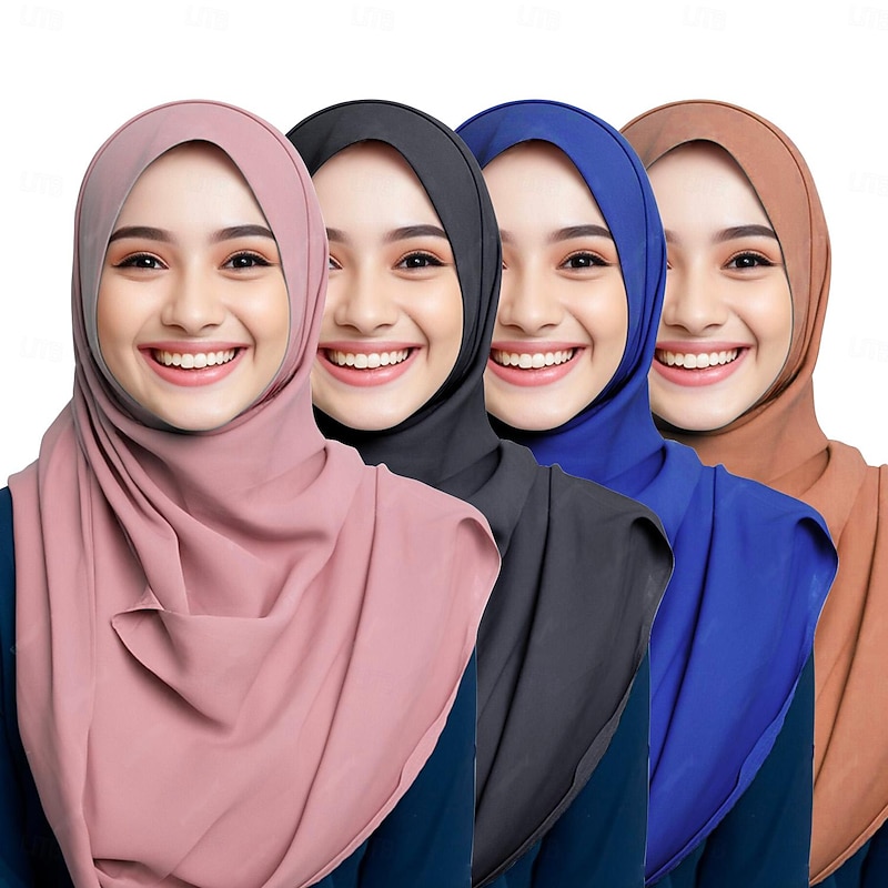 Set with 4 PCS Women's Arabian Muslim Shawls Hijab Scarfs For Ramadan Dubai Islamic Adults' Solid Color Shawl Ramadan Arabian Muslim Islamic2