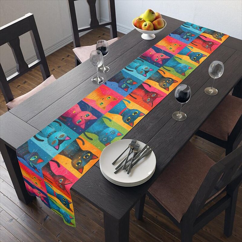 Animal Cat Print Table Runner, Kitchen Dining Table Decor, Print Decor Table Runners for Indoor Outdoor Home Farmhouse Holiday Wedding Birthday Party Decoration3