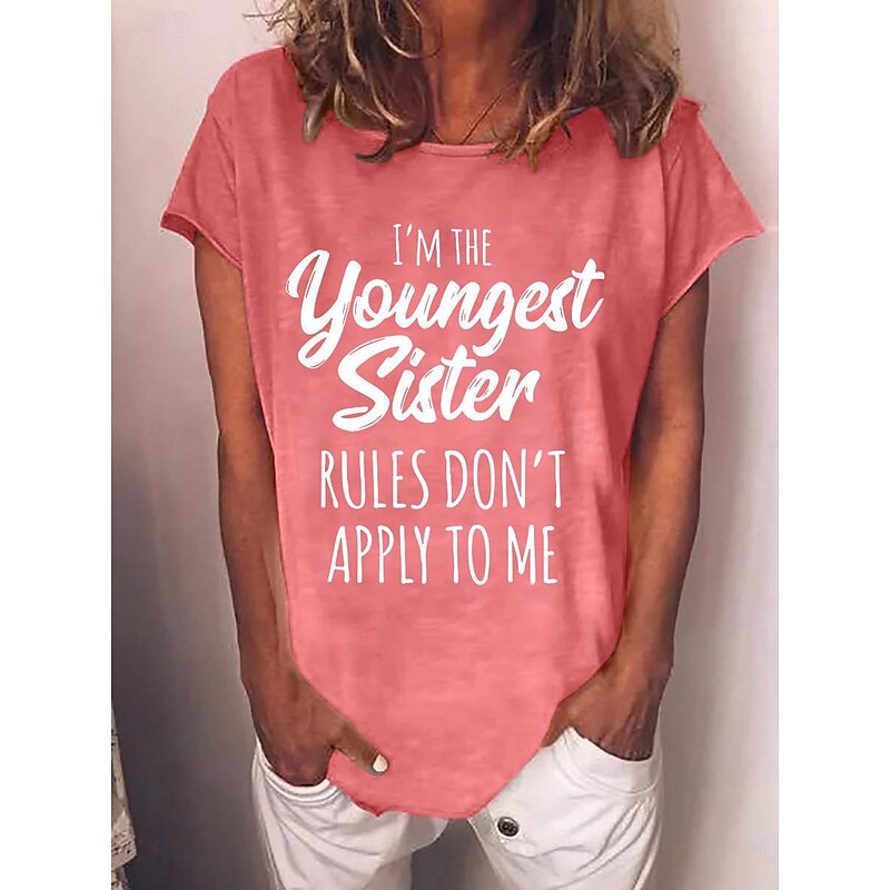 Women's T Shirt Text Basic Short Sleeve Round Neck Regular Tops Casual Weekend Light Green Pink Peach Blue Sky Blue2