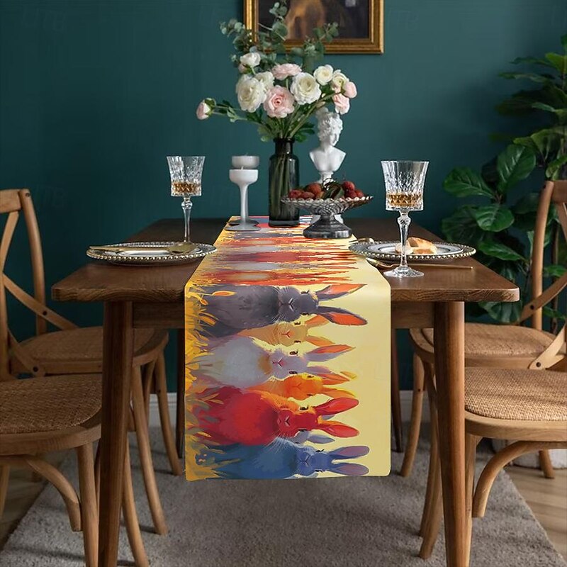 Rabbit Print Table Runner, Kitchen Dining Table Decor, Print Decor Table Runners for Indoor Outdoor Home Farmhouse Holiday Wedding Birthday Party Decoration3