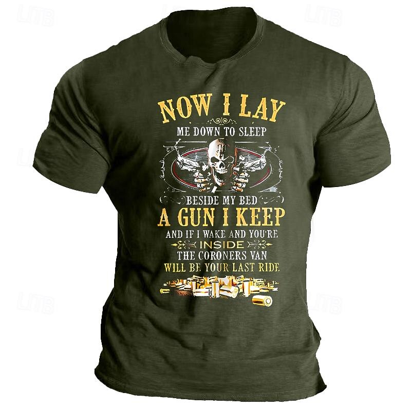 Men's Graphic T-Shirt: 'Now I Lay Me Down To Sleep A Gun I Keep' Skull & Guns Design, Bold Statement Tee for Self-Defense Lifestyle, Short Sleeve3