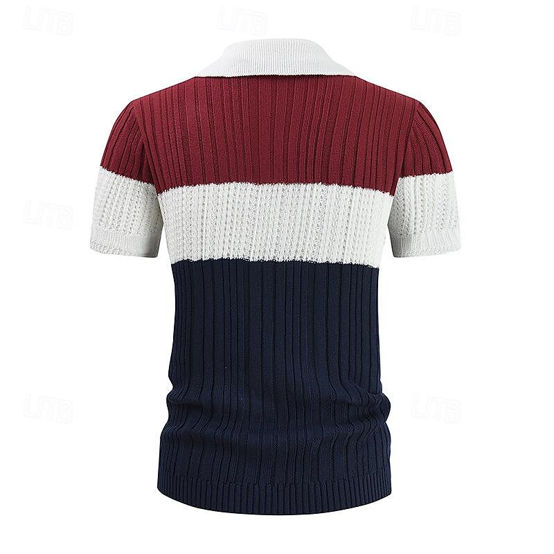 Men's T Shirt Short Sleeve Shirt Knit Tee Tee Top Short Sleeve Lapel Spring & Summer Color Block Fashion Casual Comfortable Patchwork Buttons Knitted Vacation Street Going out Wine Top Tee for Men4