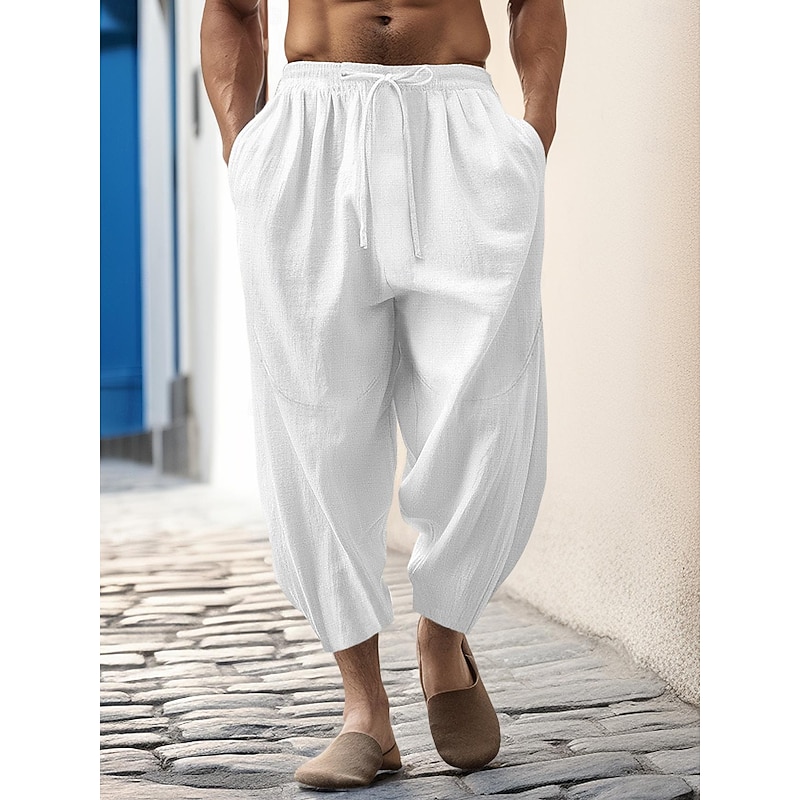 100% Linen Men's Linen Pants Trousers Summer Pants Tapered Carrot Pants Pocket Drawstring Elastic Waist Plain Breathable Comfortable Daily Vacation Going out Classic Casual Black White