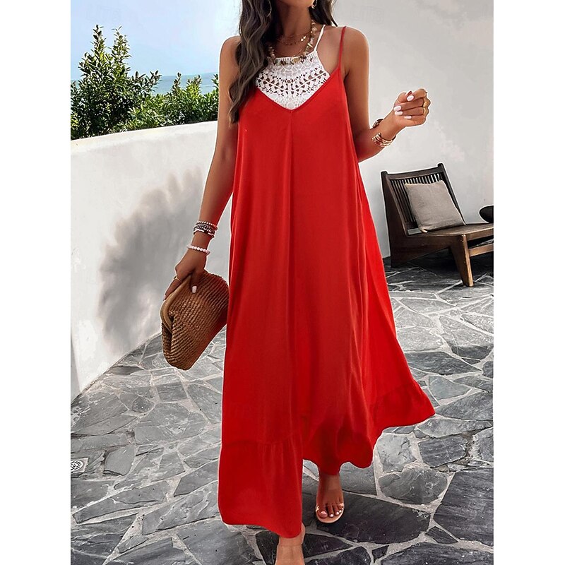 Women's Casual Dress Long Dress Maxi Dress Backless Pocket Date Streetwear Maxi Strap Sleeveless Black Red Blue Color3