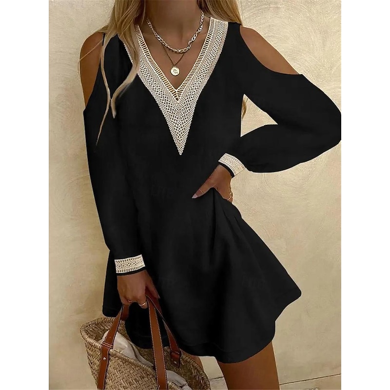 Women's Mini Dress Linen-Inspired Dresses White Dress Lace Dress Summer Dress Bohemia Date Loose Fit Long Sleeve V Neck Black White Fuchsia Light Blue Summer4