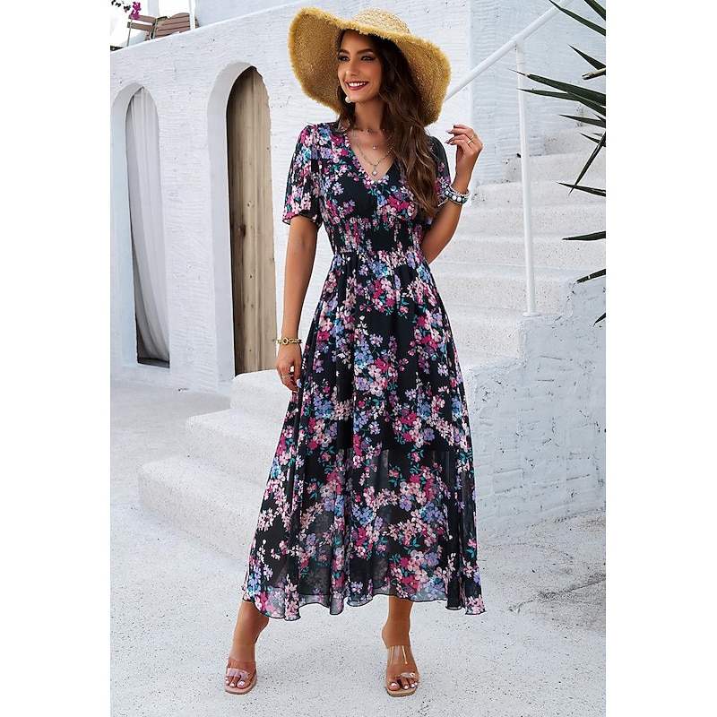 Women's Sheath Dress Chiffon Dress Sundress Floral Graphic Elastic Waist Print V Neck Cold Shoulder Long Dress Maxi Dress Elegant Tropical Party Date Short Sleeve Summer Spring2