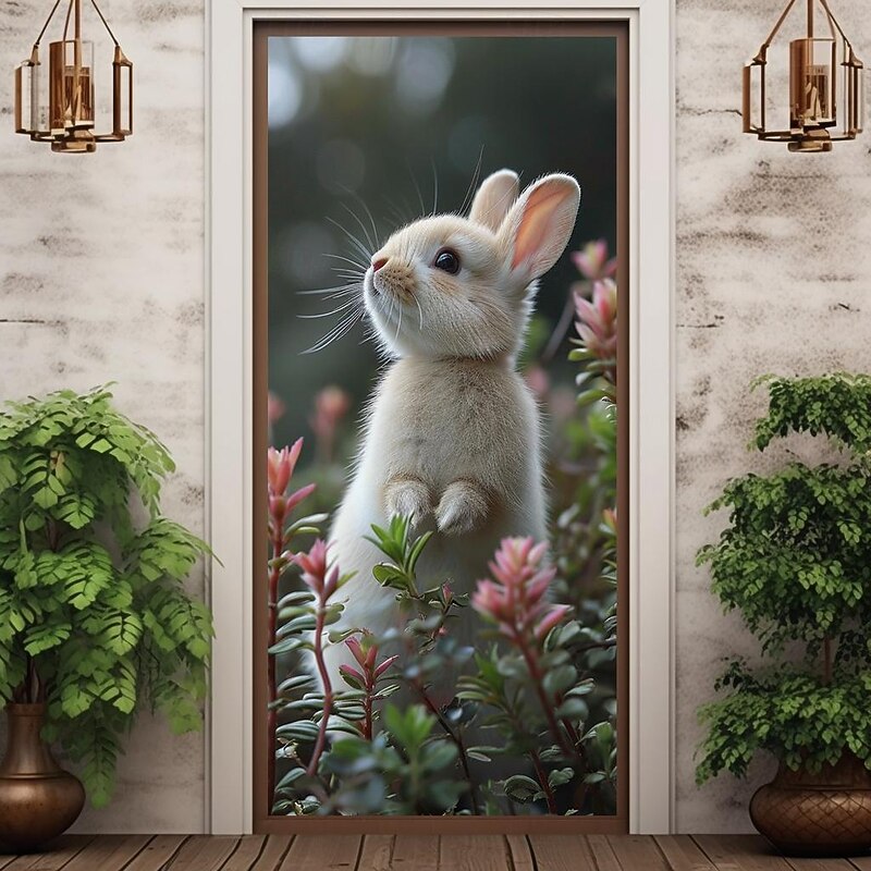 Bunny Door Covers Mural Decor Door Tapestry Door Curtain Decoration Backdrop Door Banner Removable for Front Door Indoor Outdoor Home Room Decoration Farmhouse Decor Supplies
