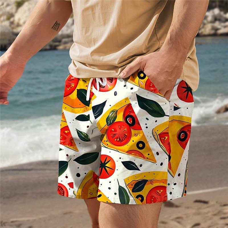 Men's Food Graphic Prints Pizza Swim Trunks Swim Shorts Board Shorts Mid Waist Vacation Hawaiian Holiday Vacation Holiday Beach Drawstring with Mesh lining Elastic Waist Designer Clothing Apparel