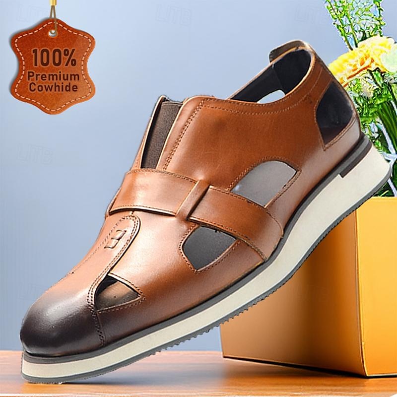 Men's Brown Leather Cut-Out Loafers Sandals - Breathable Slip-On Casual Shoes with Contrast Toe for Summer