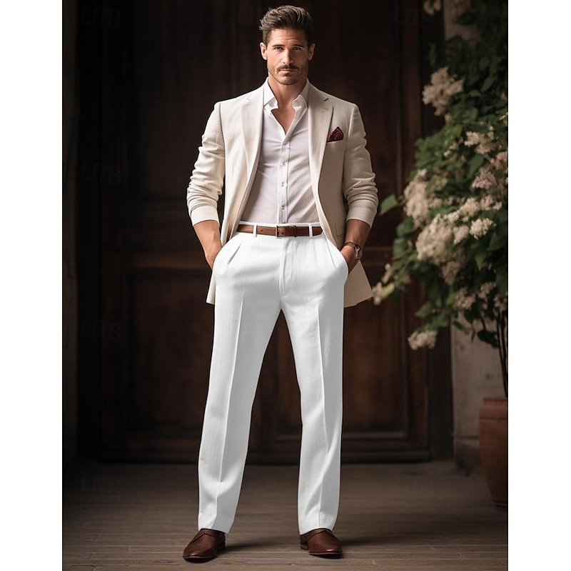 40% Linen Men's Linen Pants Trousers Summer Pants Pocket Straight Leg Plain Breathable Comfortable Office / Career Daily Vacation Classic Casual Black White4