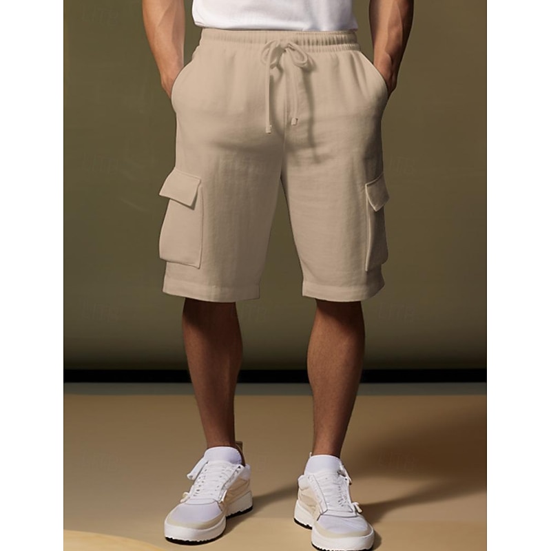 40% Linen Men's Shorts Linen Shorts Summer Shorts Drawstring Elastic Waist Multi Pocket Plain Breathable Comfortable Short Daily Vacation Going out Classic Casual Black White3