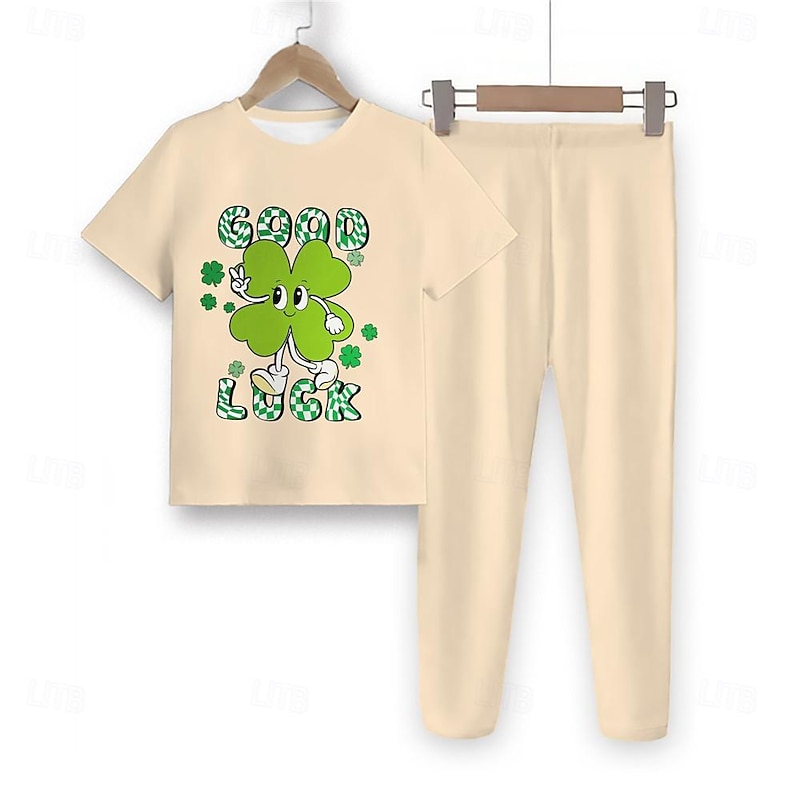 St. Patrick Girls' 3D Four Leaf Clover Tee & Pants Pajama Sets Short Sleeve 3D Print Summer Spring Fall Active Fashion Cute Polyester Kids 4 years+ Crew Neck Home Causal Indoor Regular Fit2