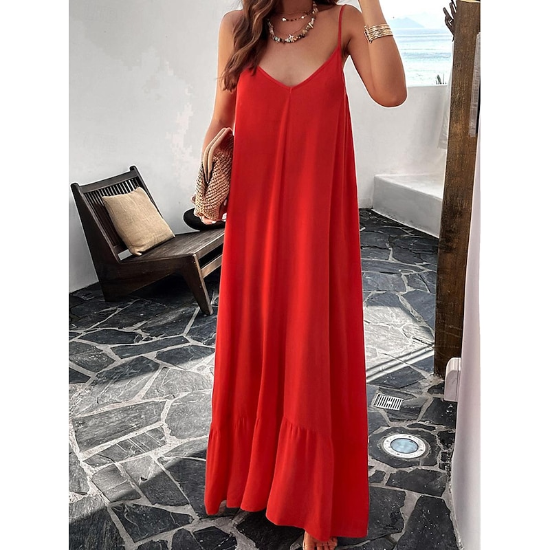 Women's Casual Dress Long Dress Maxi Dress Backless Pocket Date Streetwear Maxi Strap Sleeveless Black Red Blue Color