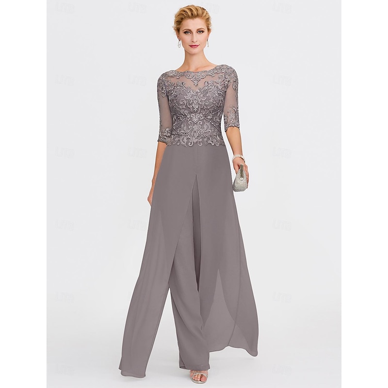 Beach Wedding Two Piece Jumpsuit Mother of the Bride  Formal Wedding Guest Elegant Wrap Included Bateau Neck Floor Length Chiffon 3/4 Length Sleeve with Appliques3