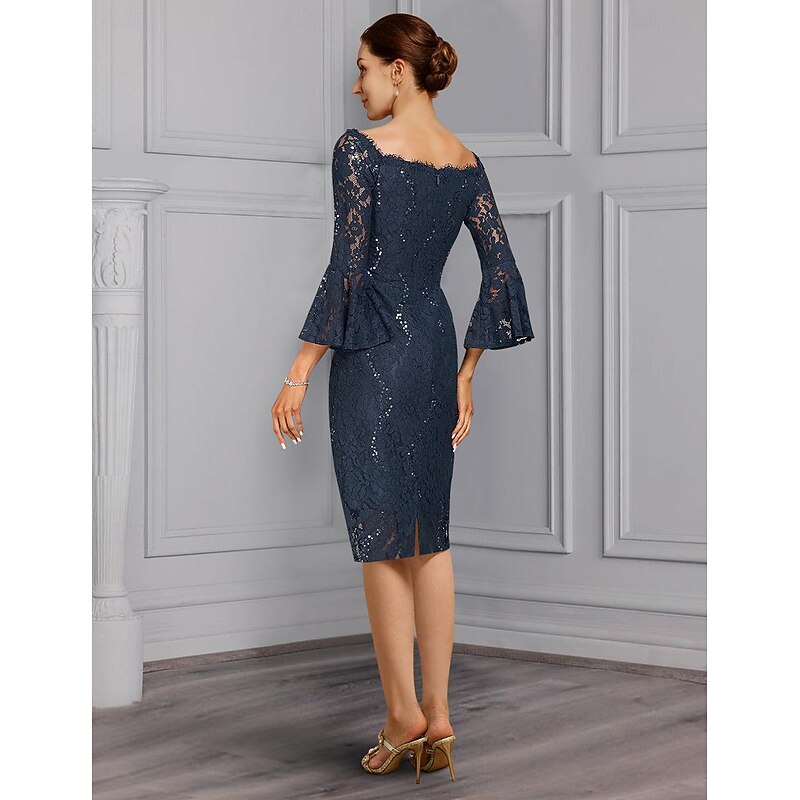 Two Piece Sheath Mother of the Bride Dress Formal Wedding Guest Elegant Party Off Shoulder Knee Length Chiffon Lace Imitated Silk 3/4 Length Sleeve with Bow(s)4